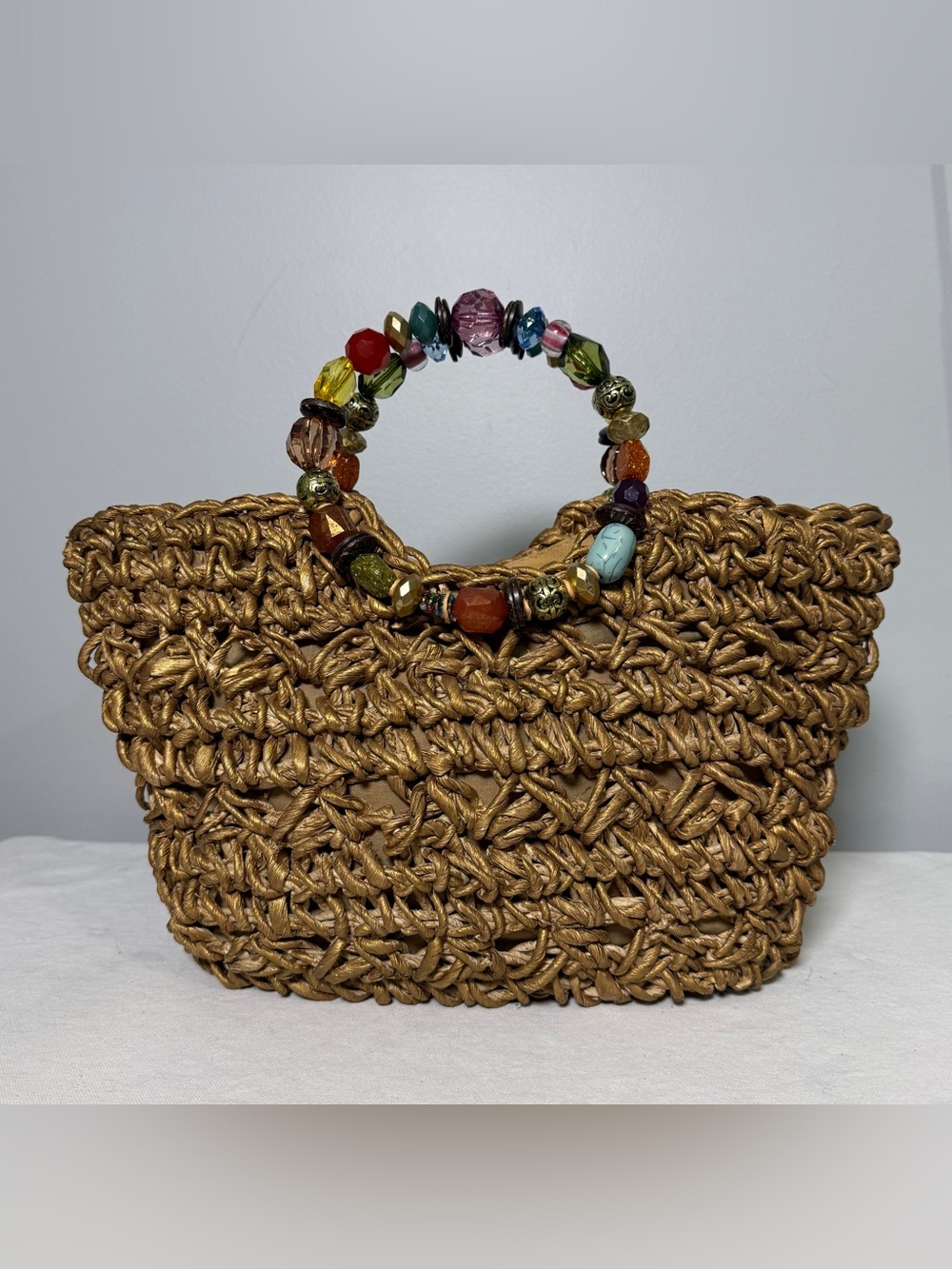 Capelli Straworld Gold Woven Top Bead-Handle Tote Bag Vintage - Picture 2 of 16